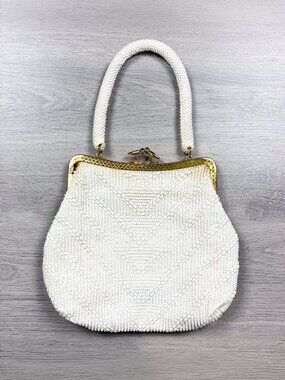 Goldco Vintage White Beaded Purse Gold Frame Clasp 60s 70s